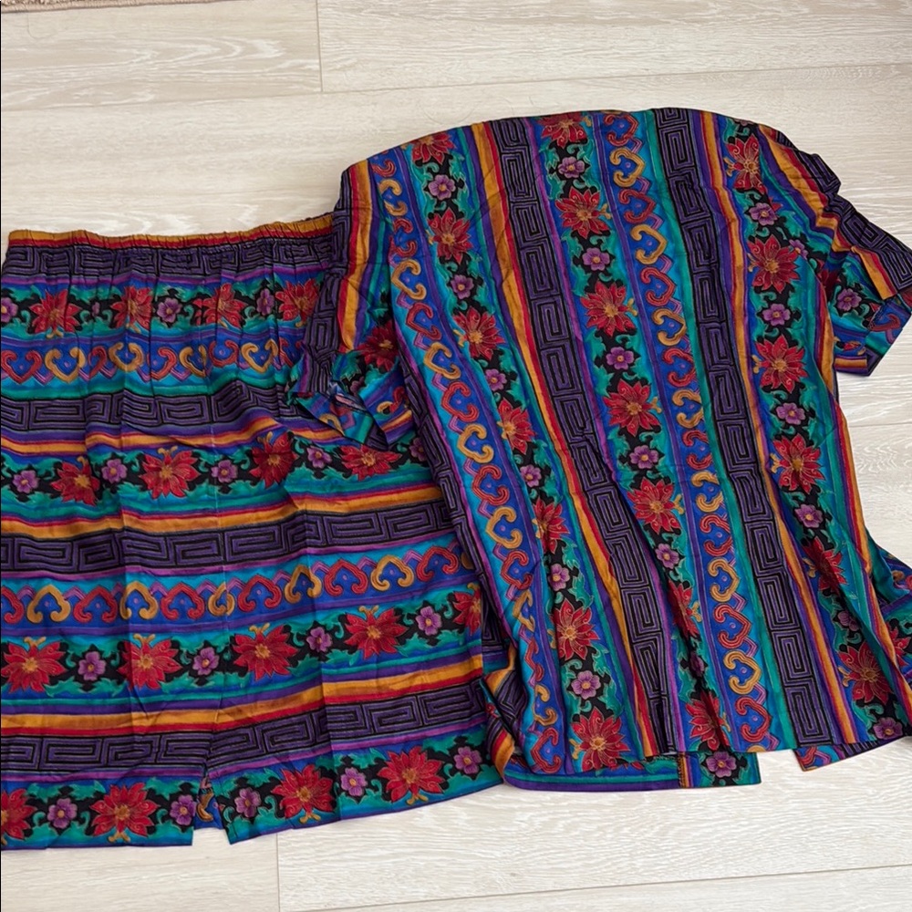 Lady Carol Vintage Blue Purple Red Button Down Shirt Skirt Set - Picture 10 of 10